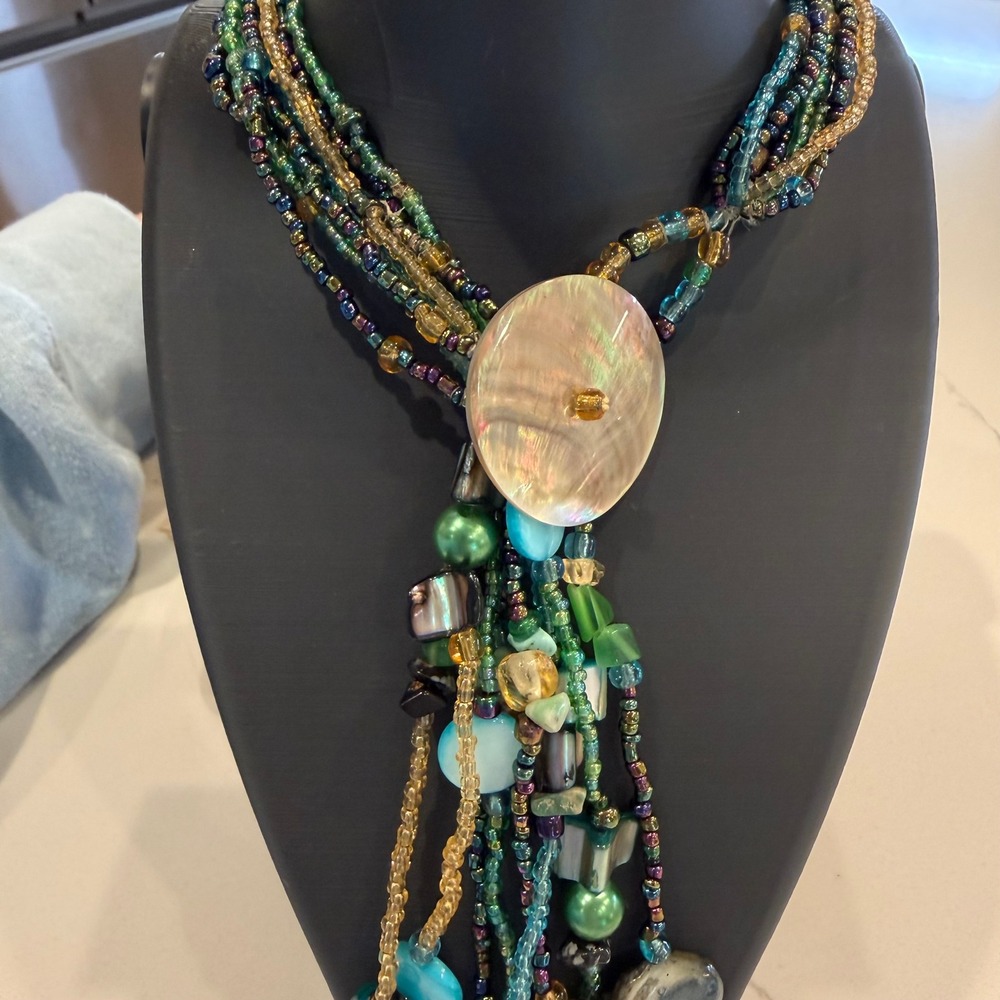 Boho Statement Multi Strand Beaded Shell Fringe Necklace Teal Green